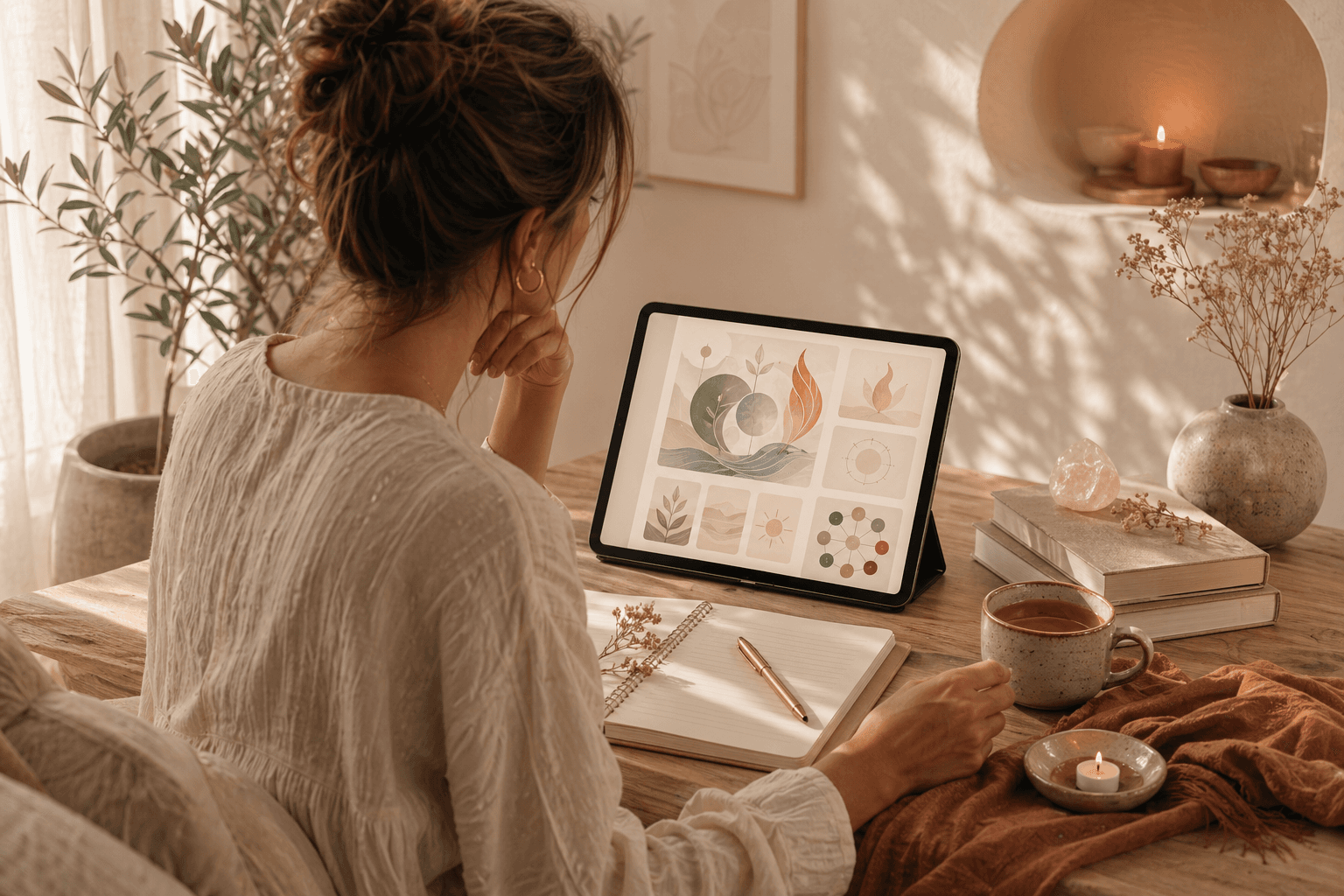 Vrouw die Omarm Jezelf op een tablet volgt in een warme, rustige setting